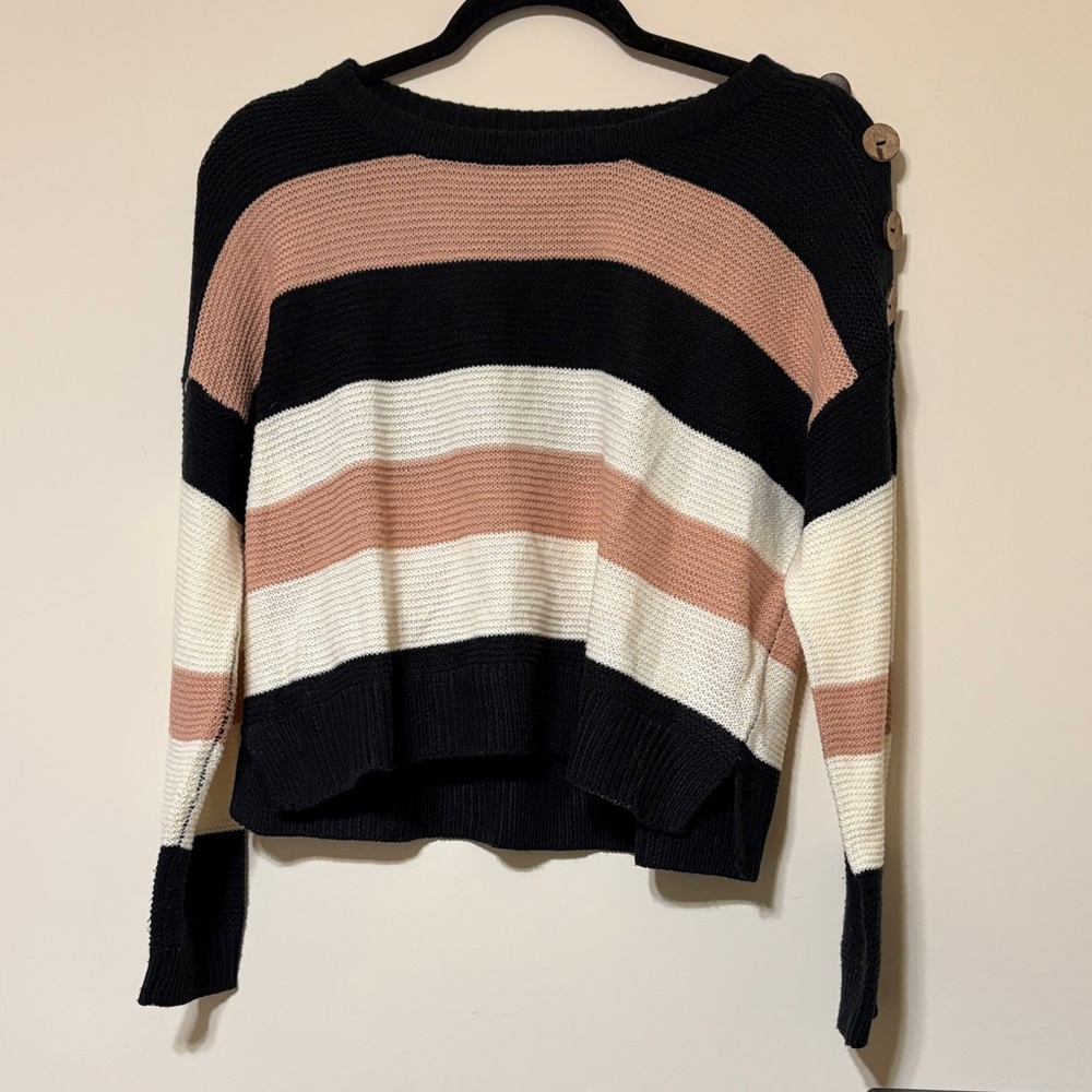 Striped Black, Pink, and White Sweater with Button Shoulder Detail